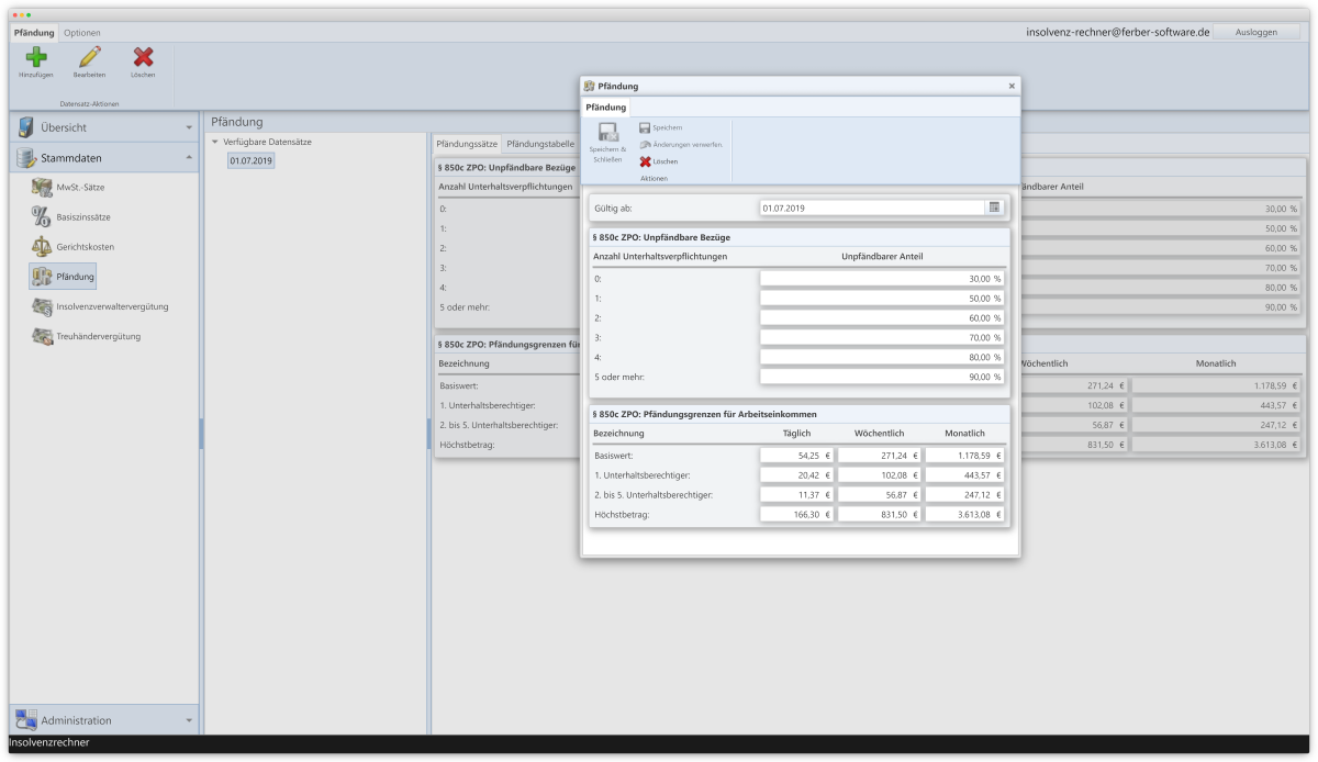 Stammdaten, Reiter 'Pfändung' ist ausgewählt und die Pfändungssätze vom 01.07.2019 werden angezeigt